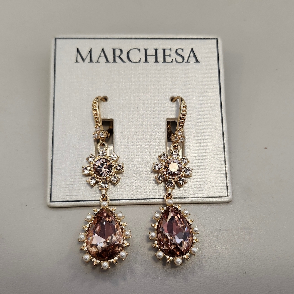 NWT Marchesa Gold-Tone Crystal PE Stone Double Drop Pearl Earrings
